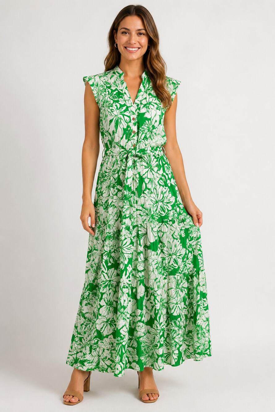 Zara Floral Tiered Maxi Shirt Dress Sleeveless Green White Womens Size Small New